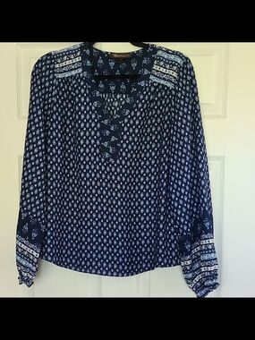 Renuar Navy Printed Long-Sleeve Peasant Top